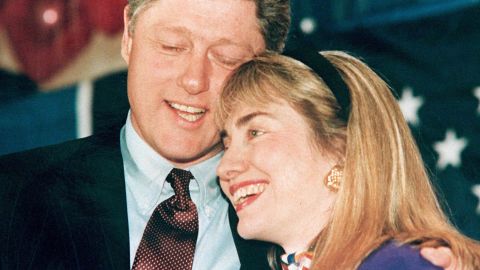 A 1992 photo shows then-Arkansas Gov. Bill Clinton, left, and his wife Hillary, right, embracing.