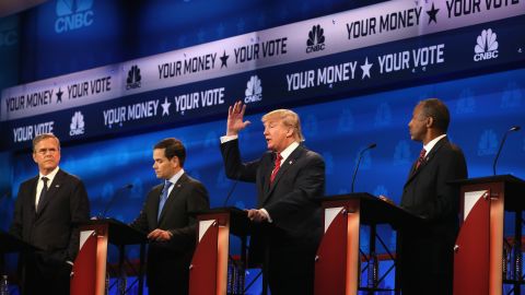 Presidential candidates Donald Trump speaks while Sen. Marco Rubio (R-FL), Jeb Bush, and Ben Carson  look on during the CNBC Republican Presidential Debate at University of Colorados Coors Events Center October 28, 2015 in Boulder, Colorado.