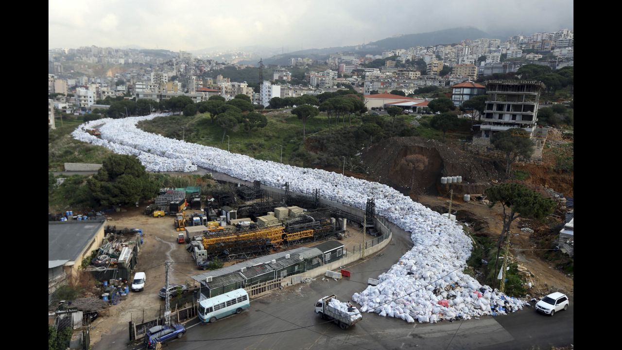 Garbage bags snake their way through the suburbs of Beirut, Lebanon, on Tuesday, February 23. The overflowing landfill is a consequence of the city's <a href="http://www.cnn.com/2016/02/24/middleeast/lebanon-garbage-crisis-river/" target="_blank">garbage crisis. </a>