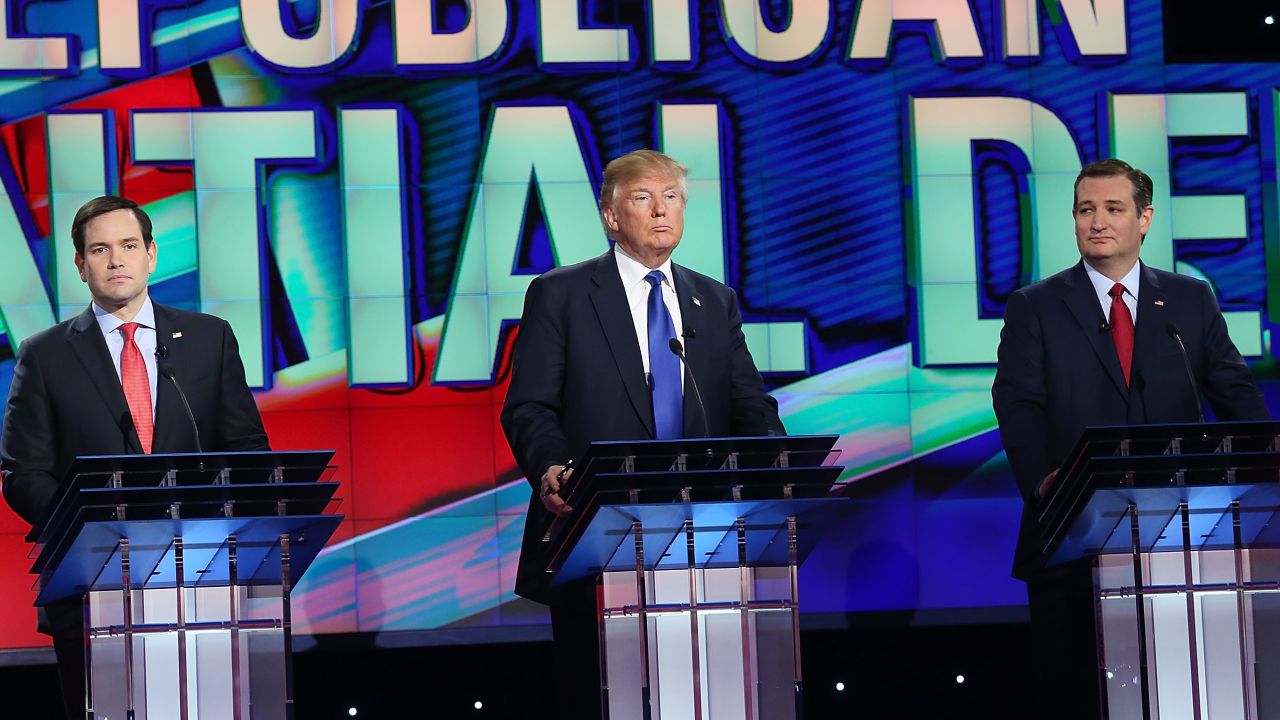 HOUSTON, TX - FEBRUARY 25:  Republican presidential candidates  Florida Sen. Marco Rubio (R-FL), Donald Trump, and Texas Sen. Ted Cruz (R-TX) stand on stage for the Republican National Committee Presidential Primary Debate at the University of Houston's Moores School of Music Opera House on February 25, 2016 in Houston, Texas. The candidates are meeting for the last  Republican debate before the Super Tuesday primaries on March 1.  (Photo by Joe Raedle/Getty Images)
