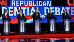 HOUSTON, TX - FEBRUARY 25: Republican presidential candidates Ben Carson,  Florida Sen. Marco Rubio (R-FL), Donald Trump, Texas Sen. Ted Cruz (R-TX) and Ohio Gov. John Kasich (L-R) stand on stage for the Republican National Committee Presidential Primary Debate at the University of Houston's Moores School of Music Opera House on February 25, 2016 in Houston, Texas. The candidates are meeting for the last  Republican debate before the Super Tuesday primaries on March 1. (Photo by Joe Raedle/Getty Images)