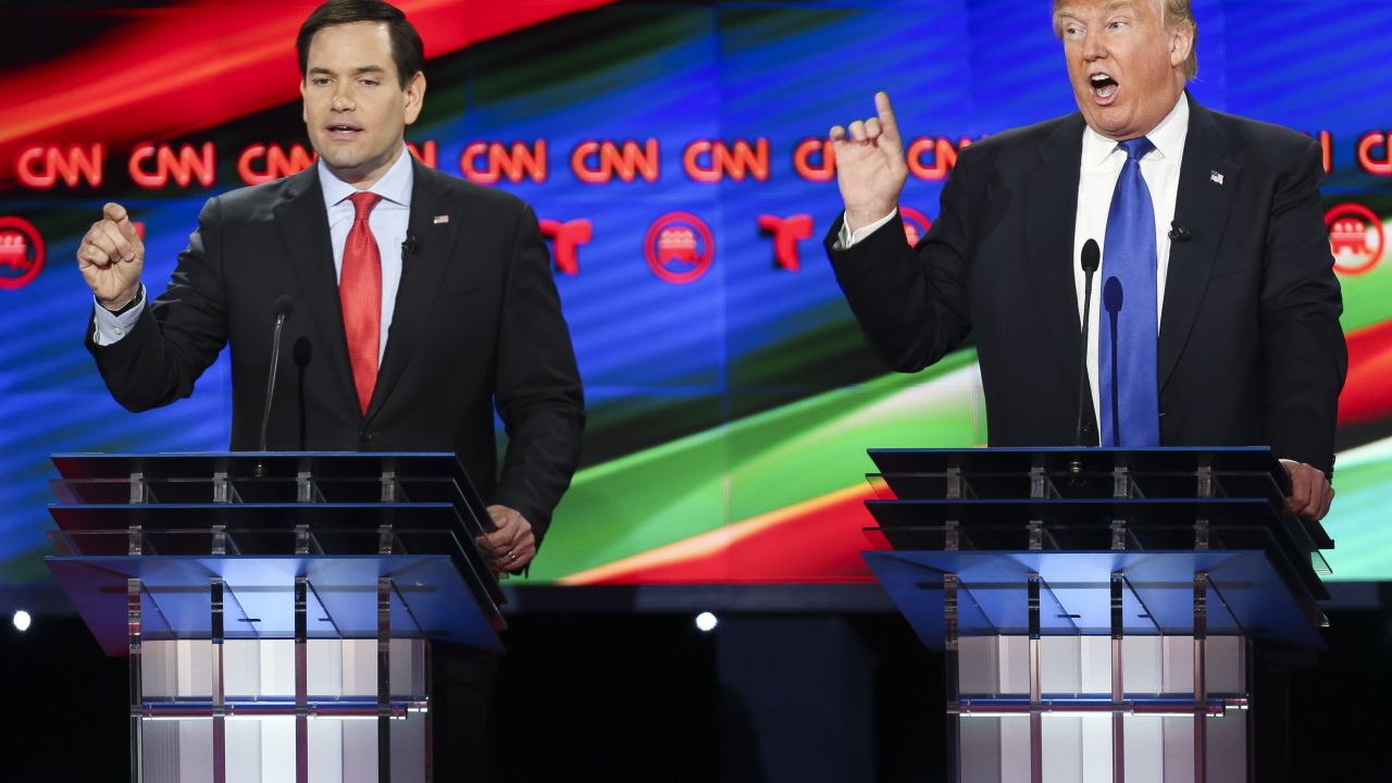 HOUSTON, TX - FEBRUARY 25:  Donald Trump (R) and Sen. Marco Rubio (R-FL) talk over each other at the Republican presidential debate at the Moores School of Music at the University of Houston on February 25, 2016 in Houston, Texas. The debate is the last before the March 1 Super Tuesday primaries.  (Photo by Michael Ciaglo-Pool/Getty Images )