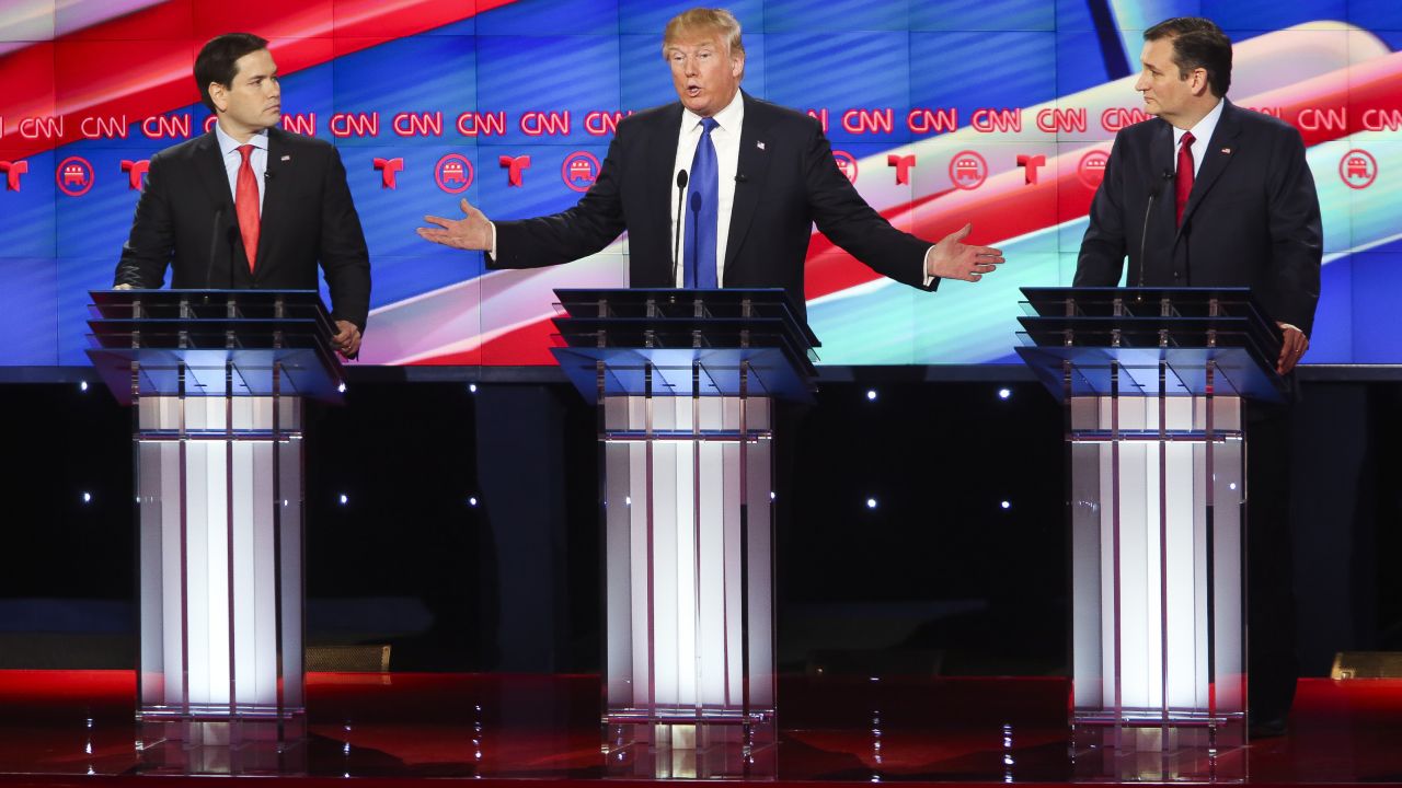 HOUSTON, TX - FEBRUARY 25:  Republican presidential candidates Sen. Marco Rubio (R-FL) (L) and Ted Cruz (R-TX)(R) listen as Donald Trump answers a question during the Republican presidential debate at the Moores School of Music at the University of Houston on February 25, 2016 in Houston, Texas. The debate is the last before the March 1 Super Tuesday primaries.  (Photo by Michael Ciaglo-Pool/Getty Images )