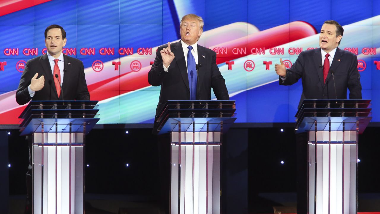 Republican presidential candidates U.S. Sen. Marco Rubio, left, Donald Trump, center, and U.S. Sen. Ted Cruz face off in the CNN Republican <a href="http://www.cnn.com/2016/02/26/politics/republican-debate-recap/index.html">presidential debate</a> Thursday, February 25, in Houston. The debate is the last before the March 1 Super Tuesday primaries.