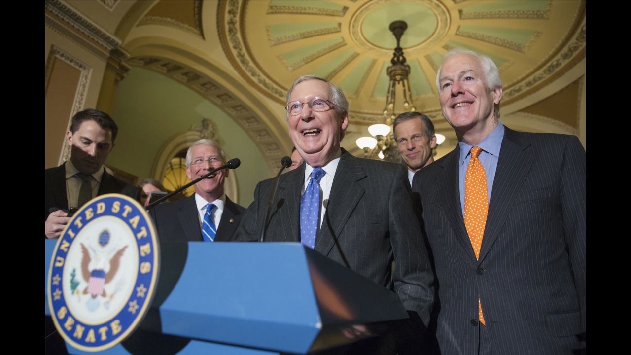 Senate Majority Leader Mitch McConnell meets with reporters on Capitol Hill on Tuesday, February 23, following a closed-door policy meeting. 