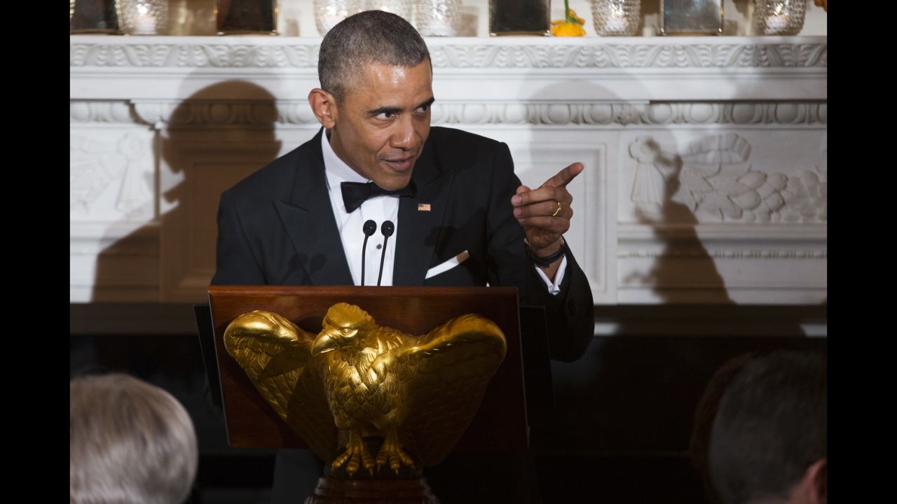 President Barack Obama gestures during a National Governors Association dinner at the White House, on Sunday, February 21.
