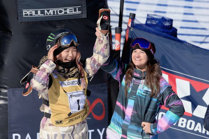 Chloe Kim (L) celebrates a first place finish with Kelly Clark at the 2016 U.S. Snowboarding Park City Grand Prix on February 6, 2016. Clark says rookies have an advantage in the sport because there are less expectations placed on them.