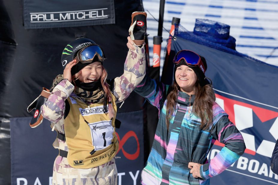 Chloe Kim (left) celebrates a first place finish with Kelly Clark -- the most decorated halfpipe snowboarder in history -- at the 2016 US Snowboarding Park City Grand Prix on February 6, 2016 in Park City, Utah. 