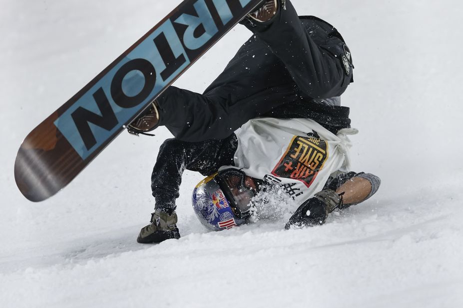 Mark McMorris of Canada (seen crashing at the Air + Style Beijing 2015 Snowboard World Cup) recently suffered a broken femur while attempting a frontside 1440 triple cork at the Air + Style event in Los Angeles. 