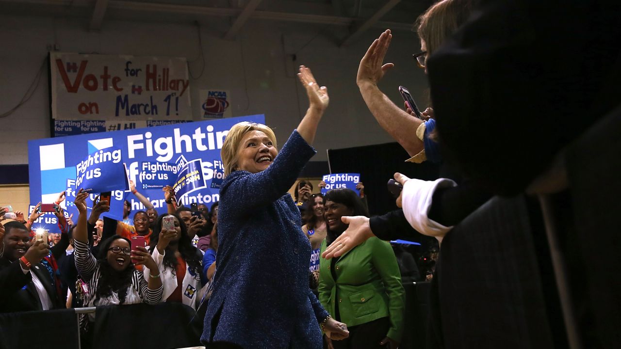 Democratic presidential candidate former Secretary of State Hillary Clinton greets supporters during a "Get Out The Vote" at Miles College on February 27, 2016 in Fairfield, Alabama.