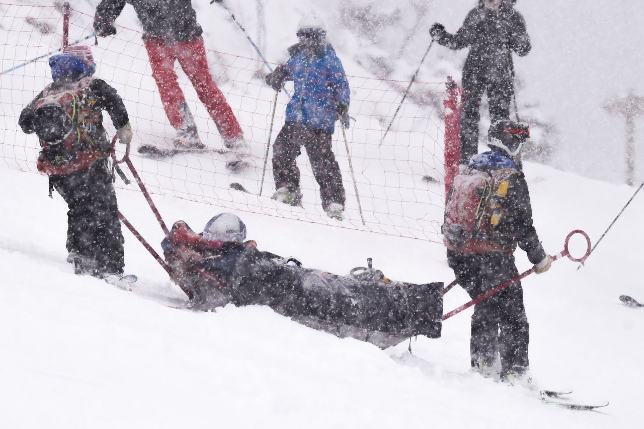 Lindsey Vonn is stretchered away on a sled after crashing out of the FIS Alpine Ski World Cup women's Super-G in Soldeu, Andorra.