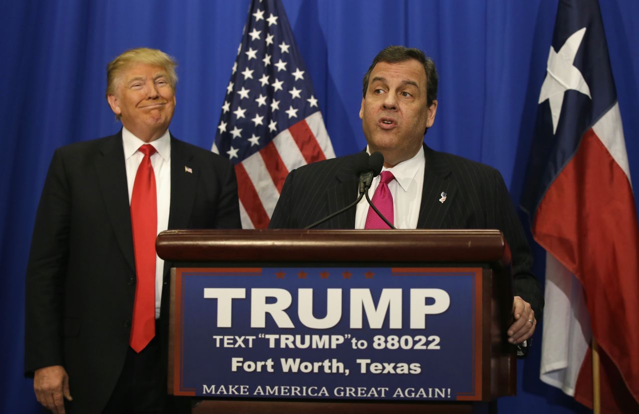 Republican presidential candidate Donald Trump smiles as he stands with New Jersey Gov. Chris Christie before a rally in Fort Worth, Texas on February 26. <a href="http://www.cnn.com/2016/02/26/politics/chris-christie-endorses-donald-trump/index.html" target="_blank">Christie endorsed Trump's presidential bid</a>, saying, "I will lend my support between now and November in any way for Donald."
