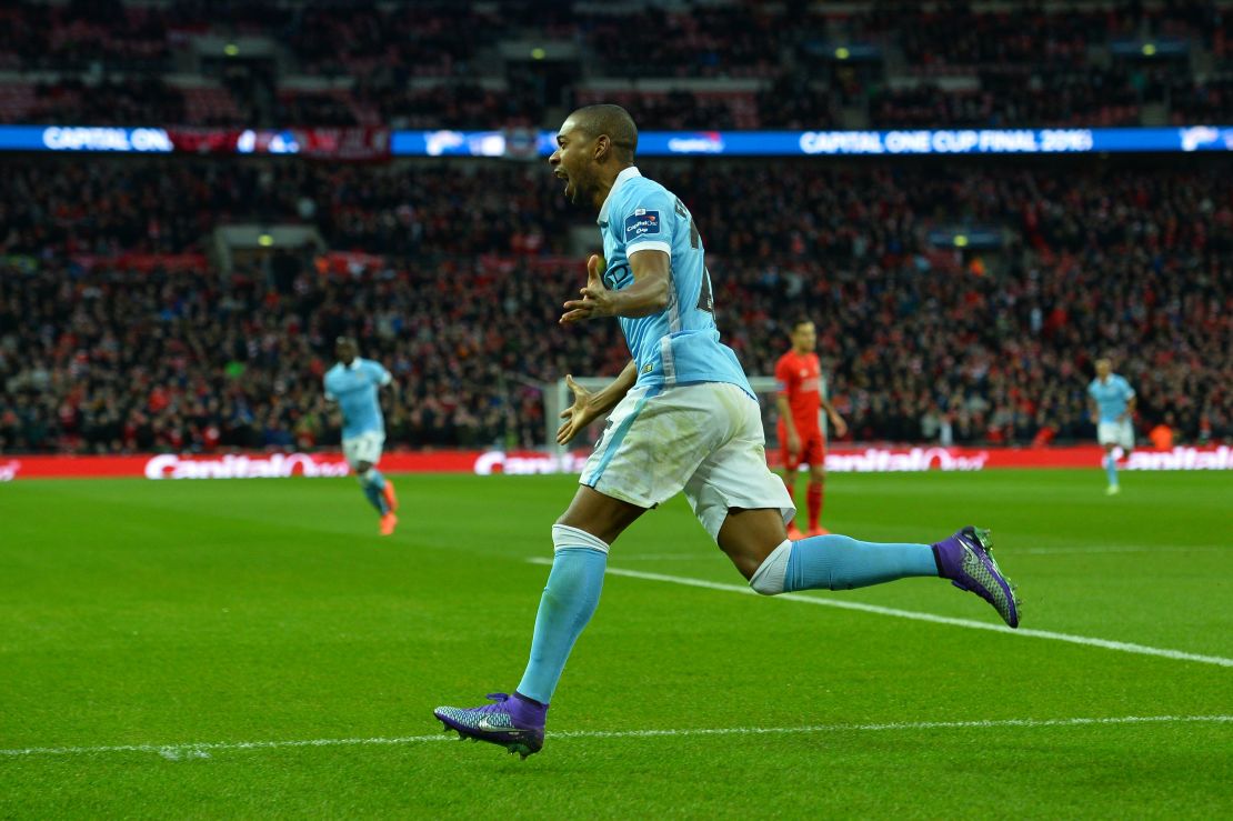 Manchester City's Brazilian midfielder Fernandinho celebrates after putting his side ahead in the English League Cup final against Liverpool.