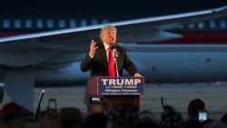 Republican presidential candidate Donald Trump addresses a rally at Millington Regional Jetport on February 27, in Millington, Tennessee.