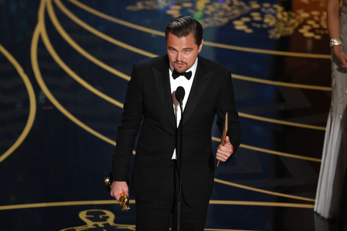 Actor Leonardo DiCaprio accepts the best actor award for "The Revenant." 