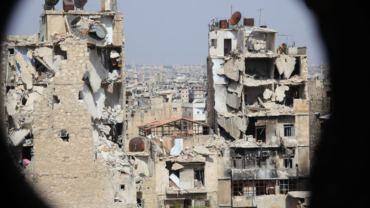 Aleppo's regime-controlled neighbordhood of Karm al-Jabal in July 2015 after heavy bombardment.