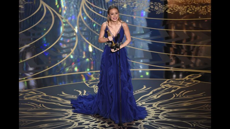 <strong>Brie Larson (2016):</strong> Brie Larson accepts the best actress award for her role in "Room." She portrayed a woman held captive with her young son.