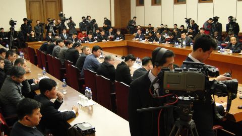The press conference took place at the People's Palace of Culture in Pyongyang, in a packed out room with international media present. 