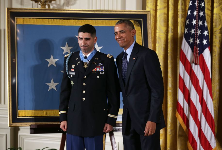 Obama presents a Medal of Honor to retired Army Capt. Florent A. Groberg in November. Groberg was severely injured when he tried to push a suicide bomber away from his patrol in August 2012.