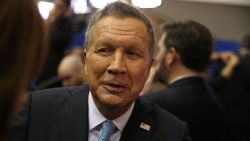 Republican presidential candidate Ohio Gov. John Kasich speaks to the media in the spin room at the Republican National Committee Presidential Primary Debate at the University of Houston's Moores School of Music Opera House on February 25, 2016 in Houston, Texas.