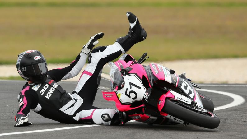 Brayden Elliott falls off his motorcycle during an Australian Superbike race on Sunday, February 28.