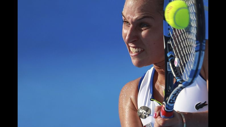 Dominika Cibulkova hits a shot during the semifinals of the Mexican Open on Friday, February 26.