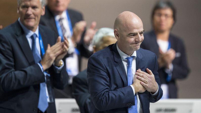 Gianni Infantino reacts after being <a href="index.php?page=&url=http%3A%2F%2Fwww.cnn.com%2F2016%2F02%2F26%2Fsport%2Ffifa-election-gianni-infantino-president-sepp-blatter%2F" target="_blank">elected as FIFA's new president</a> on Friday, February 26. Infantino is a Swiss-Italian lawyer who is general secretary of UEFA, the governing body of European soccer.