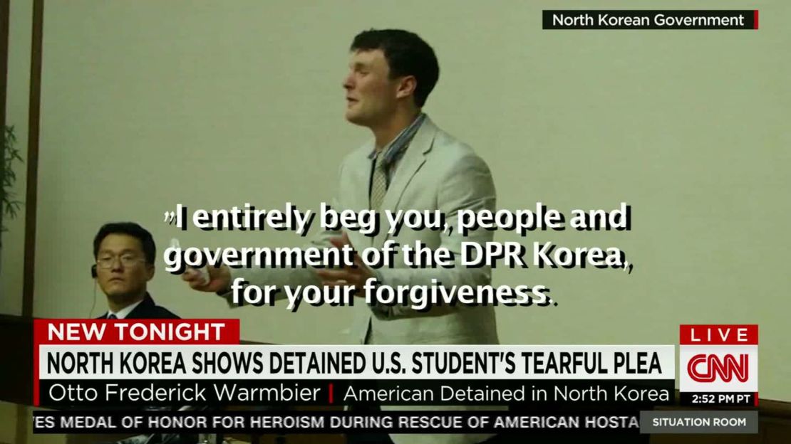 Warmbier tearfully confesses to "hostile acts" last month.