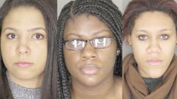 State University of New York students (left to right) Alexis Briggs, Asha Burwell and Ariel Agudio entered not guilty pleas in Albany, New York, Monday, February 29, to charges stemming from what university police say was a false report of a racially motivated attack on a city bus.