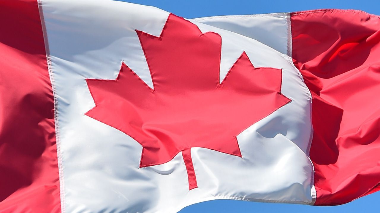 A seagull flies over a Canadian flag at Canada Place in Vancouver on July 2, 2015.