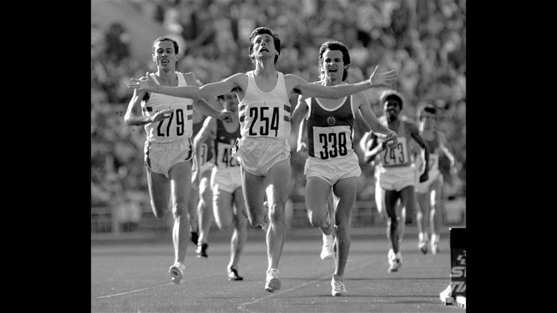<strong>Olympic upset in Moscow:</strong> British runner Sebastian Coe crosses the finish line to win the 1,500-meter final at the 1980 Summer Olympics in Moscow. This was considered a huge upset and one of the most memorable moments of that year's Games. Coe later entered politics and led London's winning bid for the 2012 Olympic Games.
