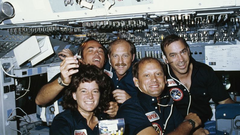 <strong>Space firsts:</strong> NASA's STS-7 crew poses in space during a June 1983 mission to deploy communications satellites into orbit. The weeklong mission was notable for a couple of <a href="index.php?page=&url=https%3A%2F%2Fwww.nasa.gov%2Ftopics%2Fpeople%2Fgalleries%2Fride2.html" target="_blank" target="_blank">reasons:</a> It was the first to employ a five-member team of astronauts.