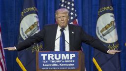 LOUISVILLE, KY - MARCH, 1:   Republican presidential candidate Donald Trump speaks at the Kentucky International Convention Center March 1, 2016 in Louisville, Kentucky. Trump is campaigning nationwide on Super Tuesday, the single largest primary voting day. (Photo by Aaron P. Bernstein/Getty Images)