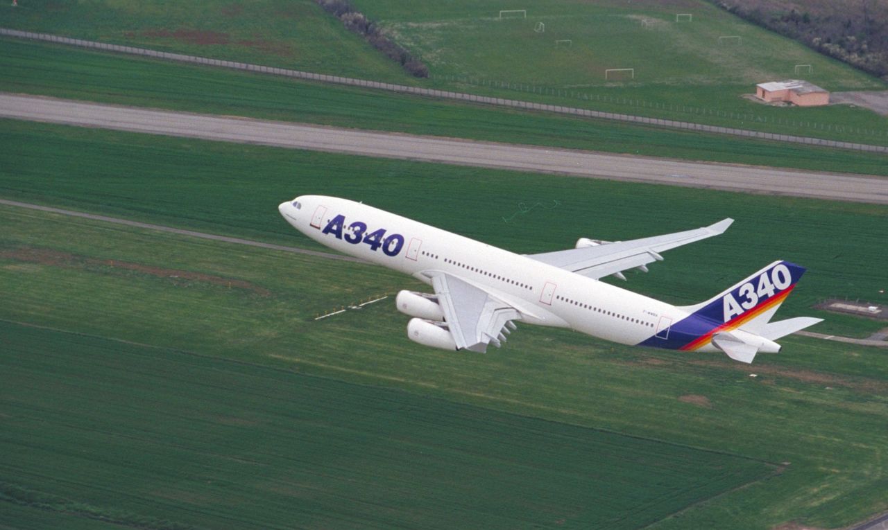 Only the Airbus A380, the A340 (pictured) and Boeing 747s have four engines. Unlike the Boeing 777, the A340 has a conical exhaust vent. Expect to see fewer A340s in the skies as the years pass given Airbus stopped producing them in 2011. 