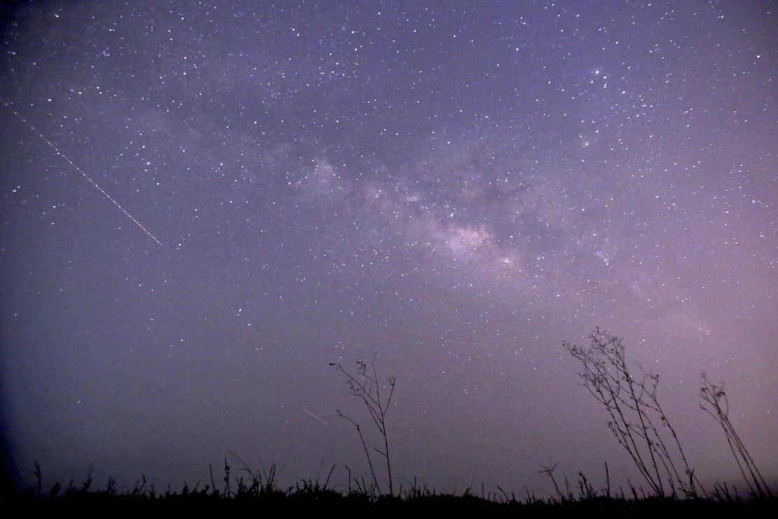 A long exposure of the Lyrids meteor shower photographed  on April 23, 2015, in Thanlyin, Myanmar.