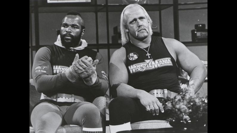 <strong>Super-friends:</strong> Mr. T and Hulk Hogan -- two tough-guy, pop-culture icons -- joined forces for several projects in the mid-'80s. In March 1985, they <a href="index.php?page=&url=http%3A%2F%2Fwww.miamiherald.com%2Fsports%2Ffighting%2Farticle1977819.html" target="_blank" target="_blank">teamed up</a> for the debut of WrestleMania and co-hosted an episode of "Saturday Night Live."