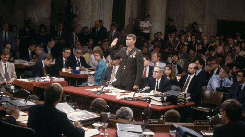 <strong>Iran + Contra?:</strong> It was the 1980s equivalent of the Watergate scandal. President Reagan's administration was funneling money to the anti-Communist Contras in Nicaragua by selling arms to Iran in exchange for hostages -- despite a congressional ban on such sales. And when Congress began holding hearings into the matter, a riveted nation came to know Lt. Col. Oliver North, an official with the National Security Council who directed the secret operation. North portrayed his actions as nothing less than patriotic.