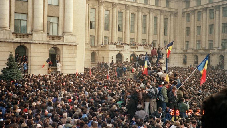 <strong>A communist defeat:</strong> Eastern Europe saw several uprisings against communism in 1989. Here, Romanian citizens stage an anti-government protest in Bucharest's Republican Square on December 21, 1989 -- just one day before the country's communist leader of 24 years, Nicolae Ceausescu, was overthrown in a violent revolution. Ceausescu's execution, which took place three days later, was <a href="index.php?page=&url=http%3A%2F%2Fnews.bbc.co.uk%2F2%2Fhi%2Feurope%2F574200.stm" target="_blank" target="_blank">televised</a> in Romania.