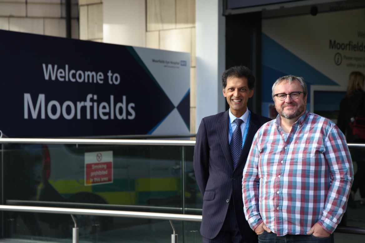 The surgery was conducted by Professor Lyndon de Cruz (left) at Moorfields Eye Hospital in London. Nine more patients will receive the treatment during this trial. 