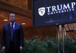 Donald Trump holds a media conference announcing the establishment of Trump University May 23, 2005 in New York City. 