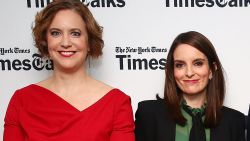 NEW YORK, NY - MARCH 02:  (L-R) Reporter Kim Barker, actress Tina Fey, screenwriter Robert Carlock and New York Times culture reporter Melena Ryzik attend TimesTalks presents 'Whiskey Tango Foxtrot'  at Florence Gould Hall on March 2, 2016 in New York City.  (Photo by Astrid Stawiarz/Getty Images)