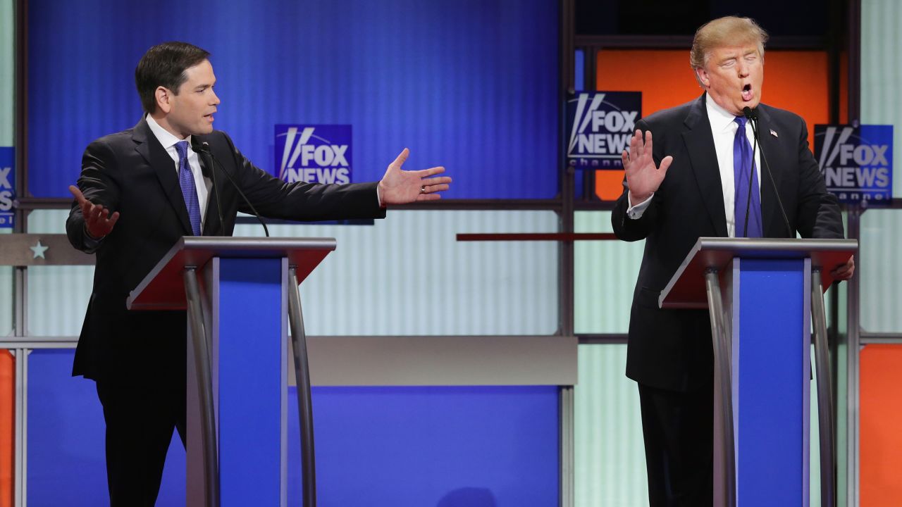 DETROIT, MI - MARCH 03:  Republican presidential candidates (Lto R) Sen. Marco Rubio (R-FL) and Donald Trump participate in a debate sponsored by Fox News at the Fox Theatre on March 3, 2016 in Detroit, Michigan. Voters in Michigan will go to the polls March 8 for the State's primary.