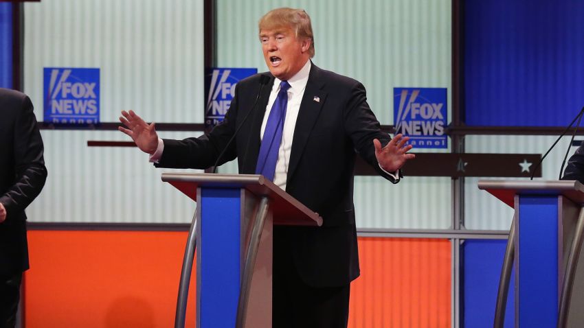 Republican presidential candidates Sen. Marco Rubio, Donald Trump and Sen. Ted Cruz participate in a debate sponsored by Fox News at the Fox Theatre on March 3, 2016, in Detroit, Michigan.