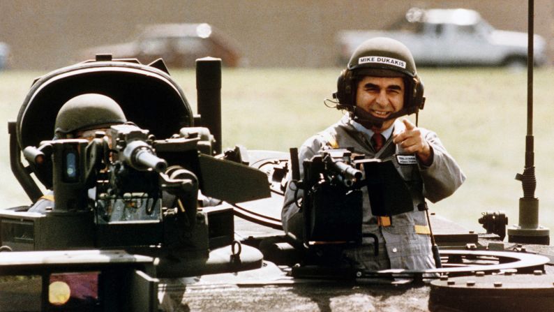 <strong>Dukakis tank gaffe:</strong> Democratic presidential hopeful Michael Dukakis appears in an armored tank during a 1988 campaign visit to a military equipment manufacturer. "When the Republicans saw one of the images of the diminutive Dukakis popping out of an M1 Abrams Main Battle Tank with a helmet on, they almost popped the corks on the champagne," <a href="index.php?page=&url=http%3A%2F%2Fwww.cnn.com%2F2016%2F03%2F17%2Fopinions%2Fzelizer-lee-atwater-trump%2F" target="_blank">wrote CNN contributor Julian Zelizer.</a> The Bush campaign featured video of the event in a negative TV ad questioning Dukakis' commitment to defense.