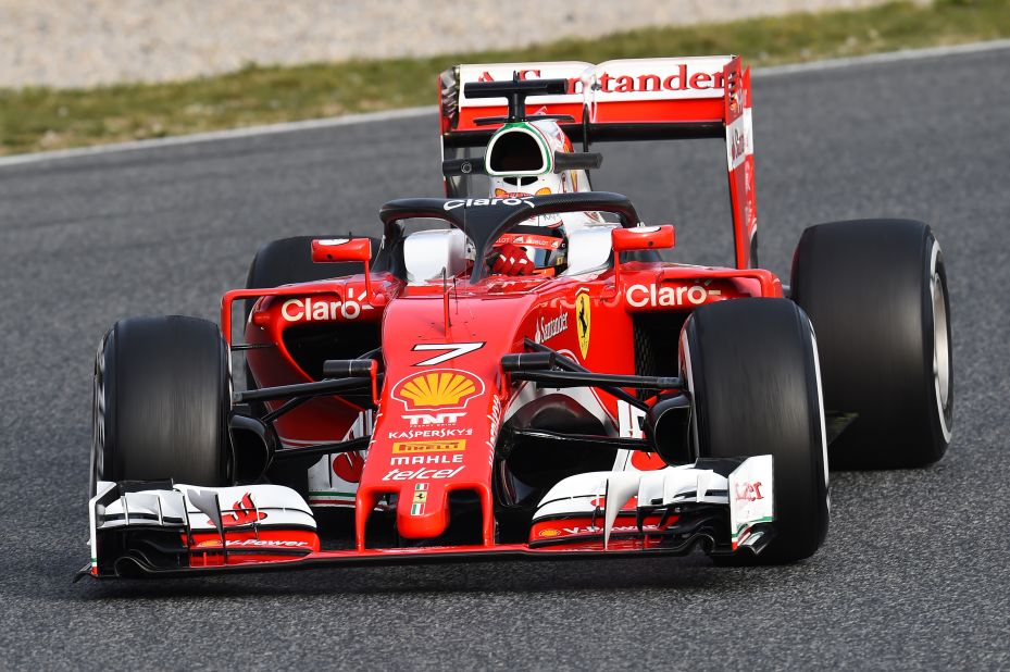 Finland's Kimi Raikkonen tests the new Ferrari halo on track. The halo is designed to protect the head of the driver. 