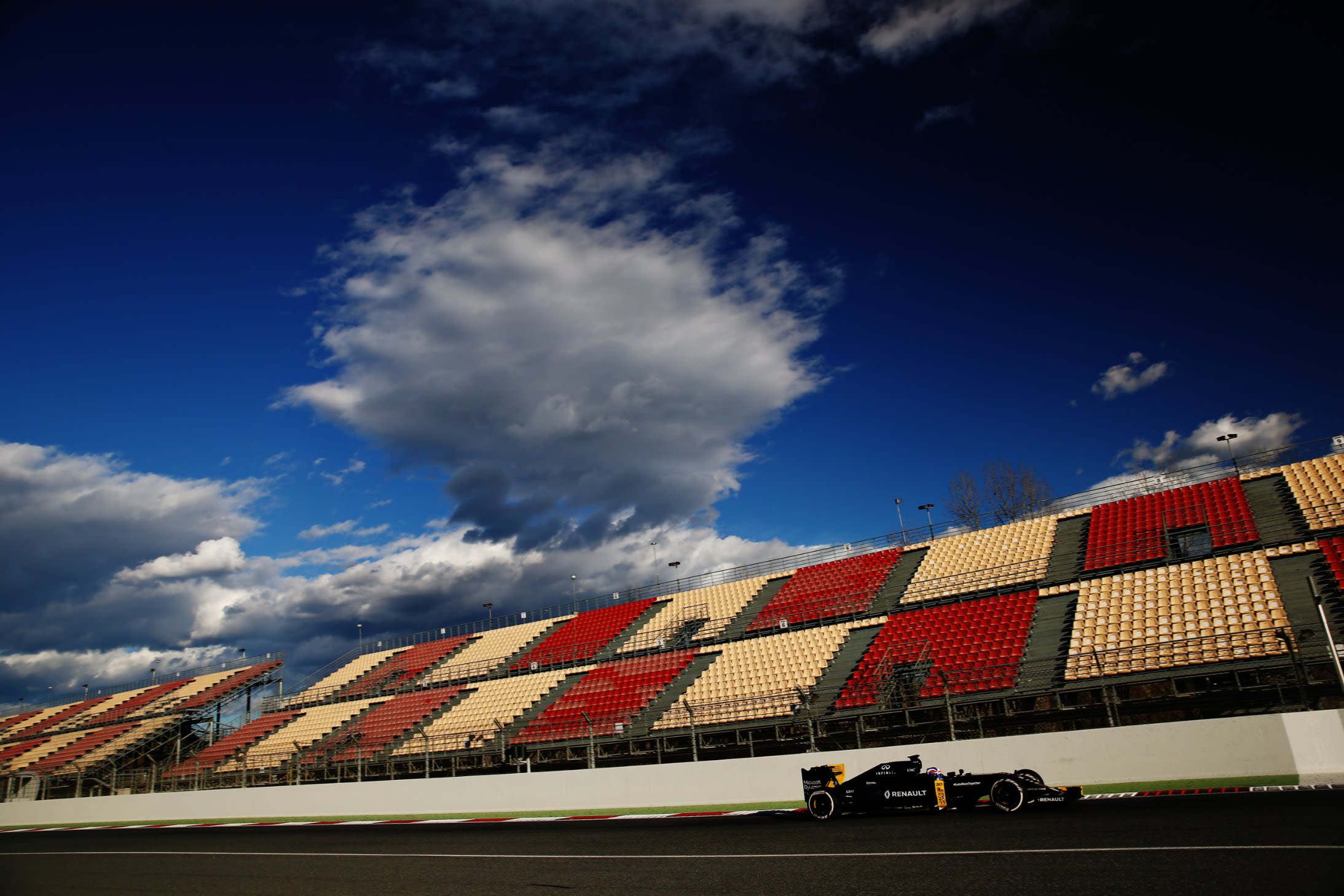 Jolyon Palmer of Great Britain and Renault Sport F1 drives past the grandstand during day three.
