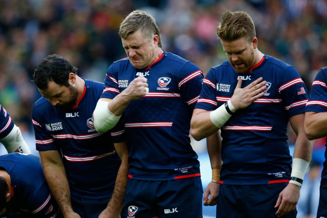 Louis Stanfill (centre) feels the emotion as U.S.A. prepare to take on South Africa at the Rugby World Cup in England in October 2015.