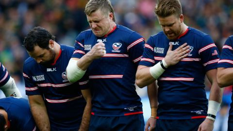 Louis Stanfill (centre) feels the emotion as U.S.A. prepare to take on South Africa at the Rugby World Cup in England in October 2015.