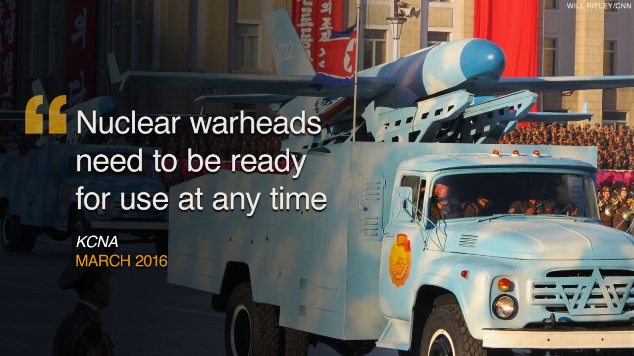 <strong>March 2016:</strong> Following the imposition of strict U.N. sanctions, North Korean leader Kim Jong Un said the country's "nuclear warheads need to be ready for use at any time," the North Korean state news agency KCNA reported.