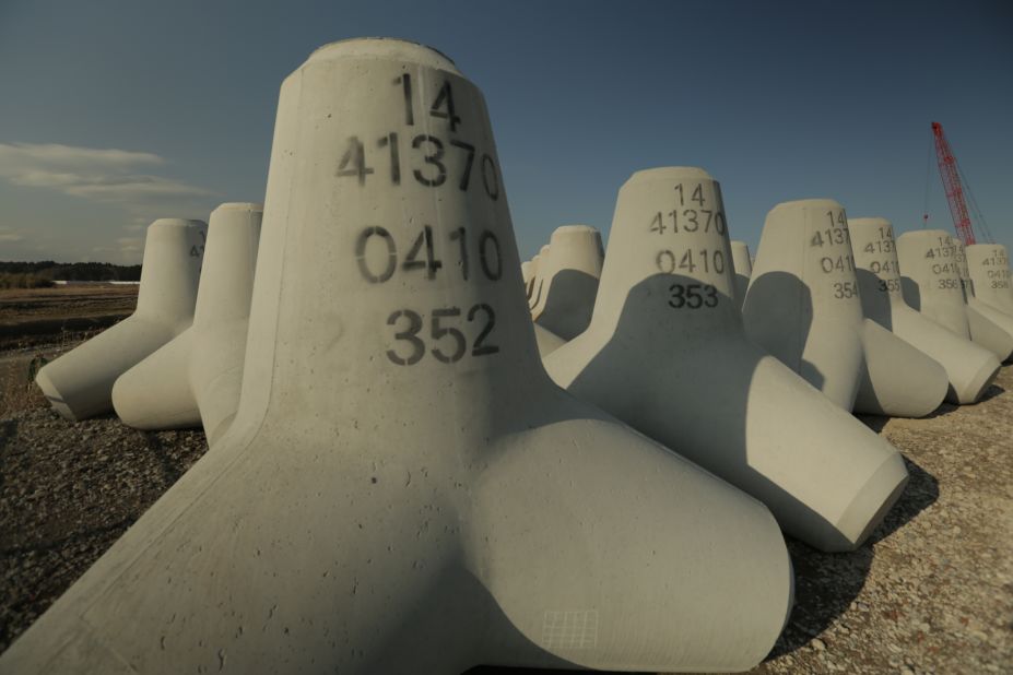 Tetrapods piled up at Udedo port in Namie, Fukushima, waiting to be used for a 7 meter high, 3 kilometer long breakwater along the coast line.